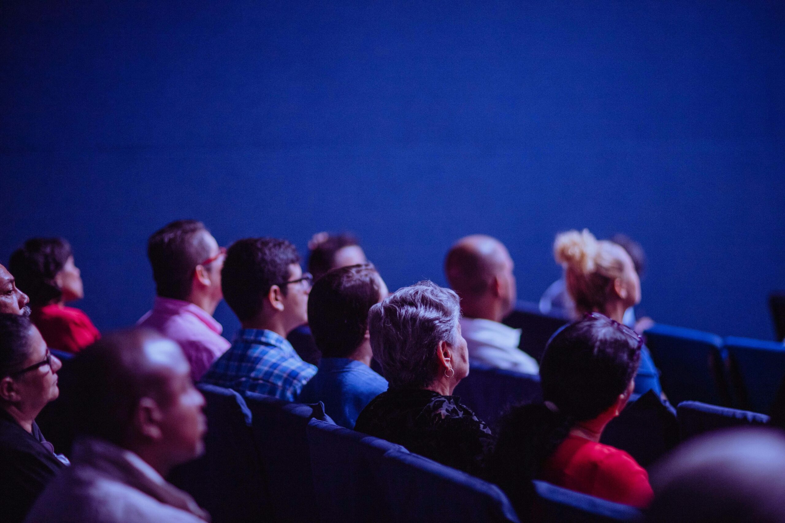 Audience sitting in a cineme watching a film. The room is darkened.